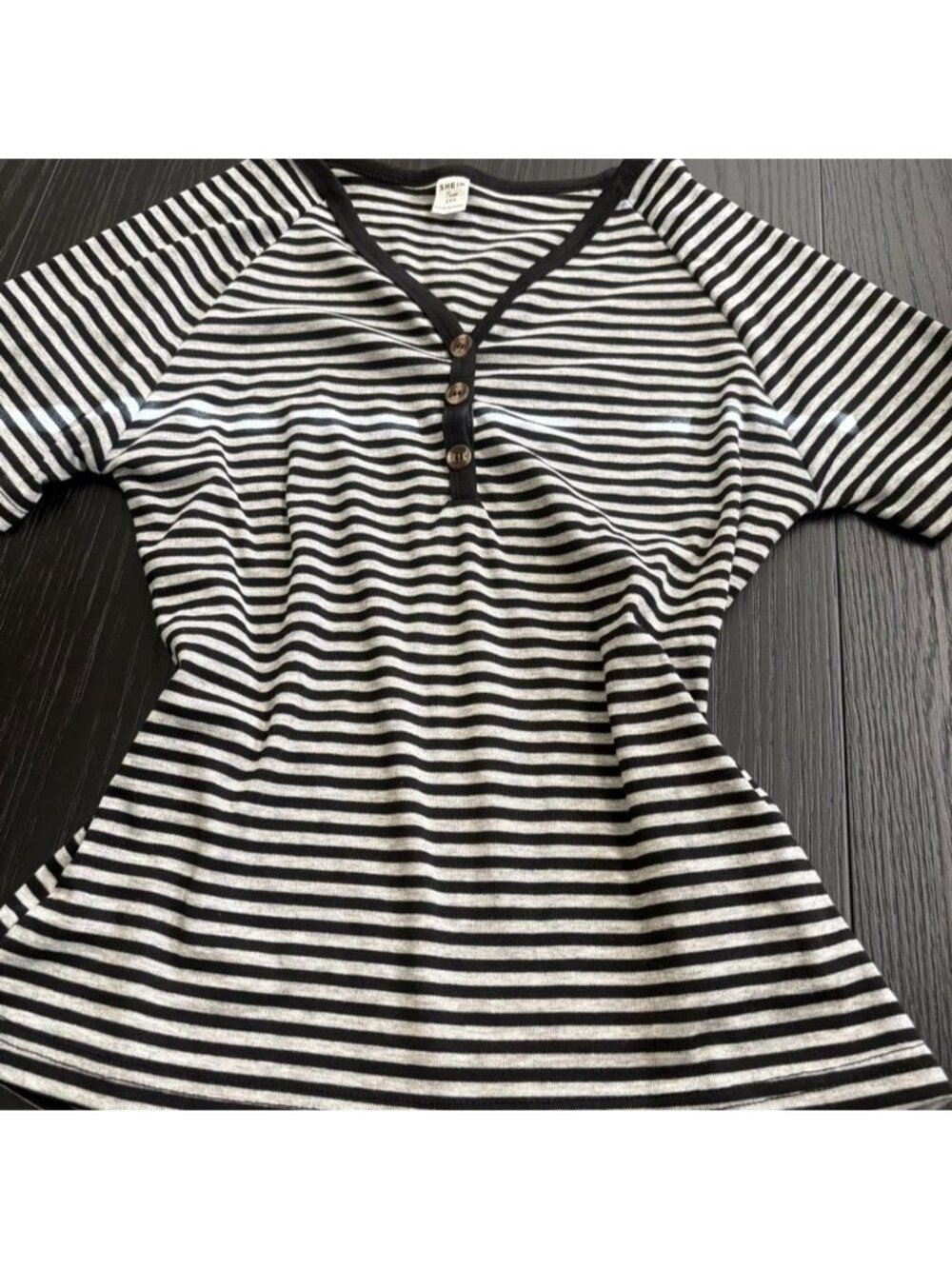 SHEIN black + white striped babydoll top with button details. Size: 15